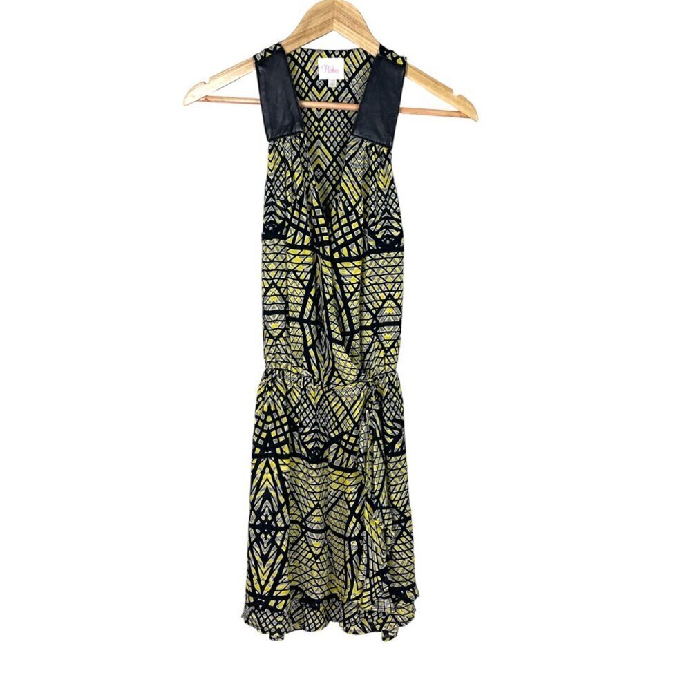 PARKER KATE MATRIX PRINT SILK LEATHER FAUX WRAP DRESS - Picture 3 of 8